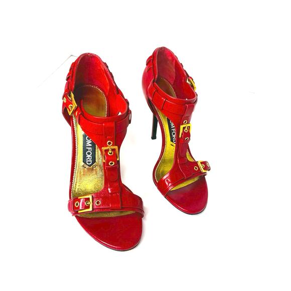 Tom Ford Red Leather Buckle T-Strap High Heel Sandals Size 37.5 - Picture 10 of 10